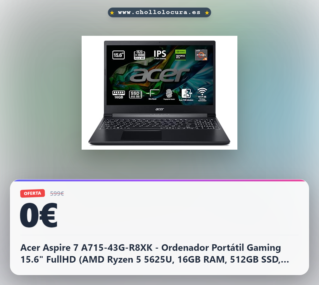 Acer Aspire 7 A715-43G-R8XK - Ordenador Portátil Gaming 15.6" FullHD (AMD Ryzen 5 5625U, 16GB RAM, 512GB SSD, NVIDIA GeForce® RTX™ 3050-4GB, Sin Sistema Operativo) Negro - Teclado QWERTY Español