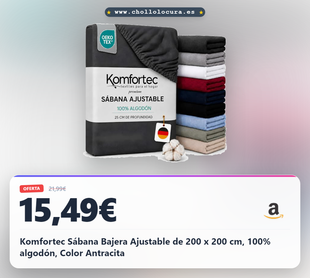 Disfruta de la sábana bajera ajustable Komfortec 200x200 cm de 100% algodón OEKO-TEX al mejor precio.