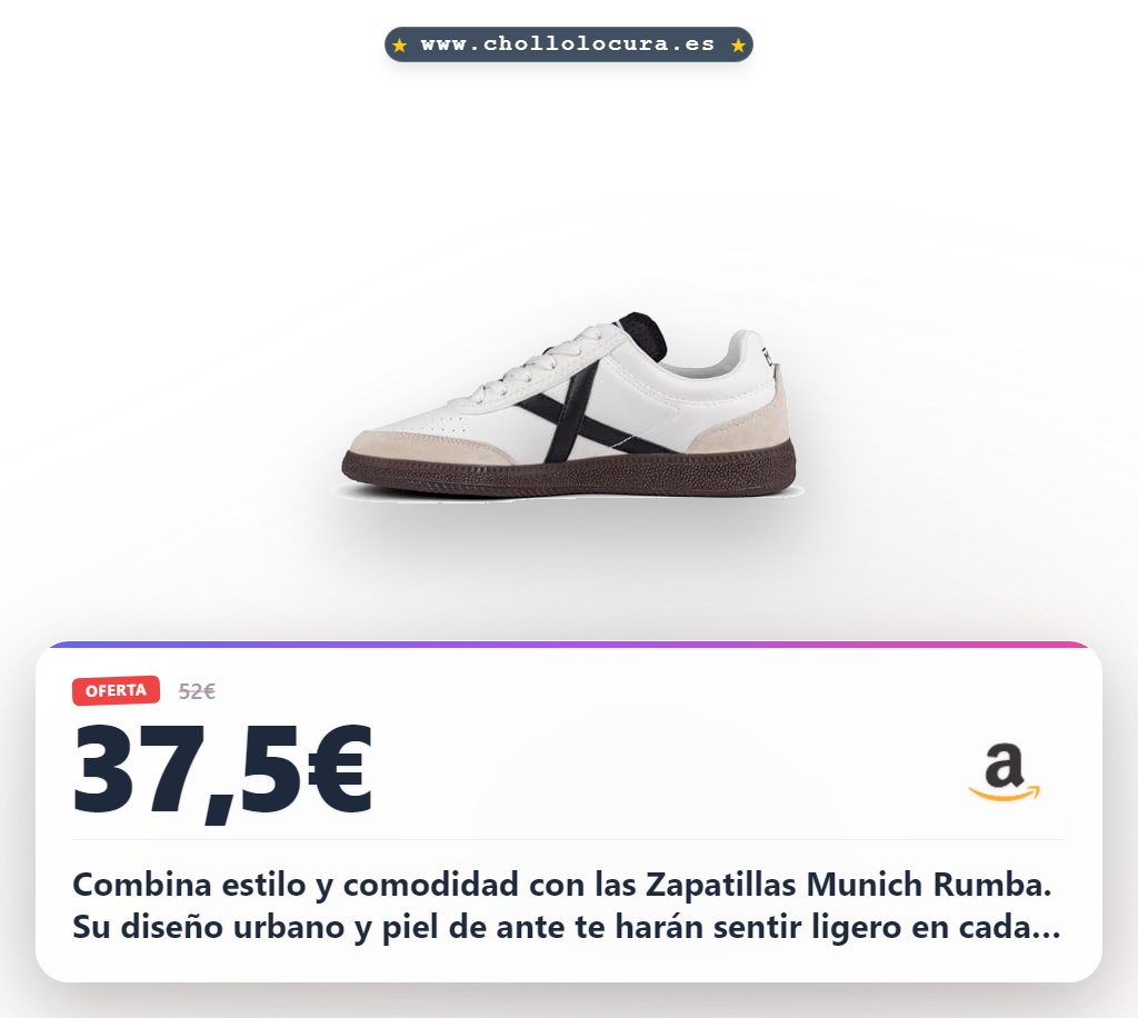 Combina estilo y comodidad con las Zapatillas Munich Rumba. Su diseño urbano y piel de ante te harán sentir ligero en cada paso. Cuídalas sin lavadora para mantener su aspecto impecable siempre. ¡Aprovecha este clásico a un precio inmejorable!