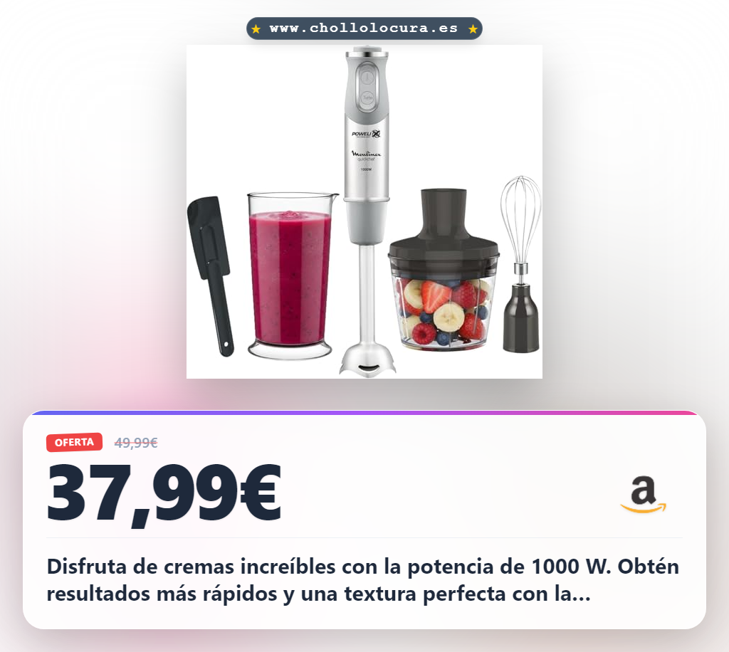 Aprovecha la batidora de mano Quickchef+ 1000W con 20 velocidades y picadora al mejor precio