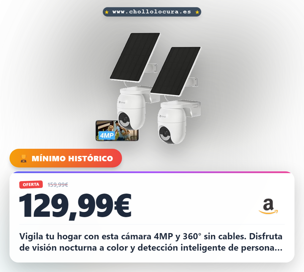 Consigue cámara de vigilancia 4MP 360° con batería solar y visión nocturna a color al mejor precio