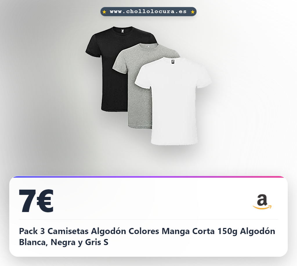 Pack 3 Camisetas Algodón Colores Manga Corta 150g Algodón Blanca, Negra y Gris S