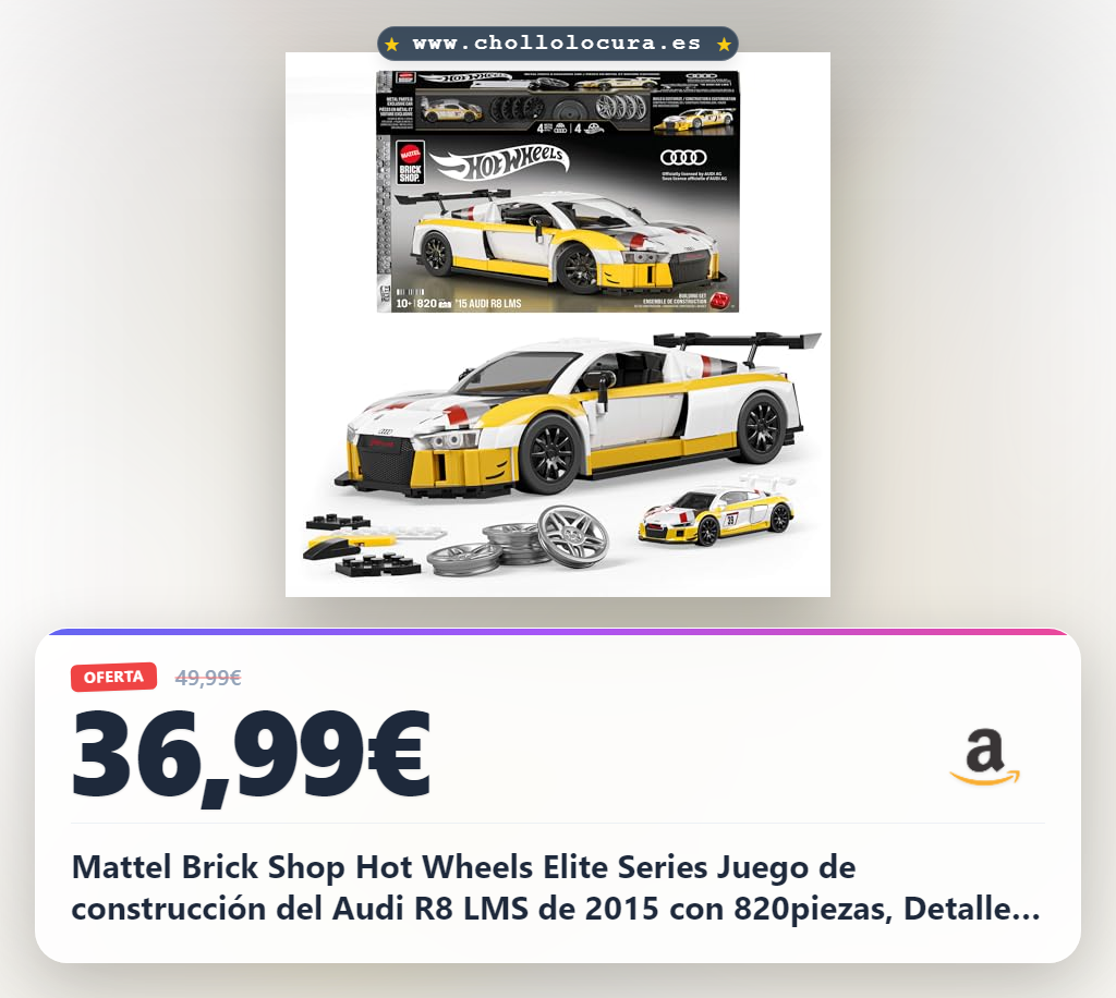 Mattel Brick Shop Hot Wheels Elite Series Juego de construcción del Audi R8 LMS de 2015 con 820piezas, Detalles realistas y Pegatinas para personalizarlo, JFT18