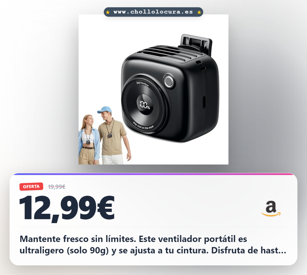 Aprovecha el ventilador portátil Slientspin de cintura. Batería 3000mAh, 10 horas de autonomía. Ideal para senderismo y trabajo exterior.