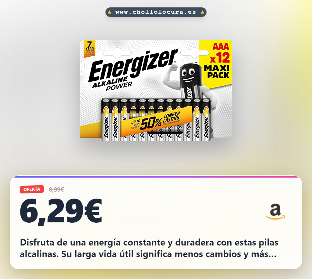 Aprovecha las pilas alcalinas Energizer AAA de 12 unidades con 7 años de vida útil para uso cotidiano