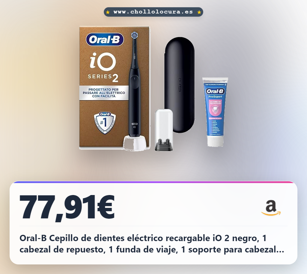 Oral-B Cepillo de dientes eléctrico recargable iO 2 negro, 1 cabezal de repuesto, 1 funda de viaje, 1 soporte para cabezales + 1 pasta de dientes Oral-B