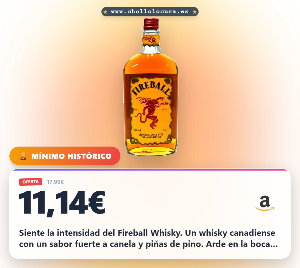 Llévate este Fireball Whisky canadiense con ardor de canela y piña a precio de chollo en oferta histórica para ti.