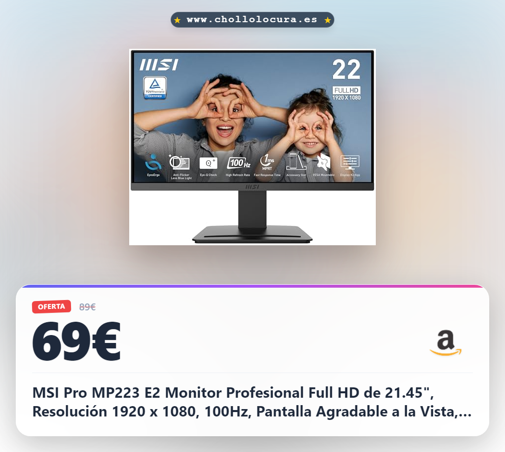 MSI Pro MP223 E2 Monitor Profesional Full HD de 21.45", Resolución 1920 x 1080, 100Hz, Pantalla Agradable a la Vista, inclinación Ajustable, HDMI 1.4b, Display Port 1.2a, Negro