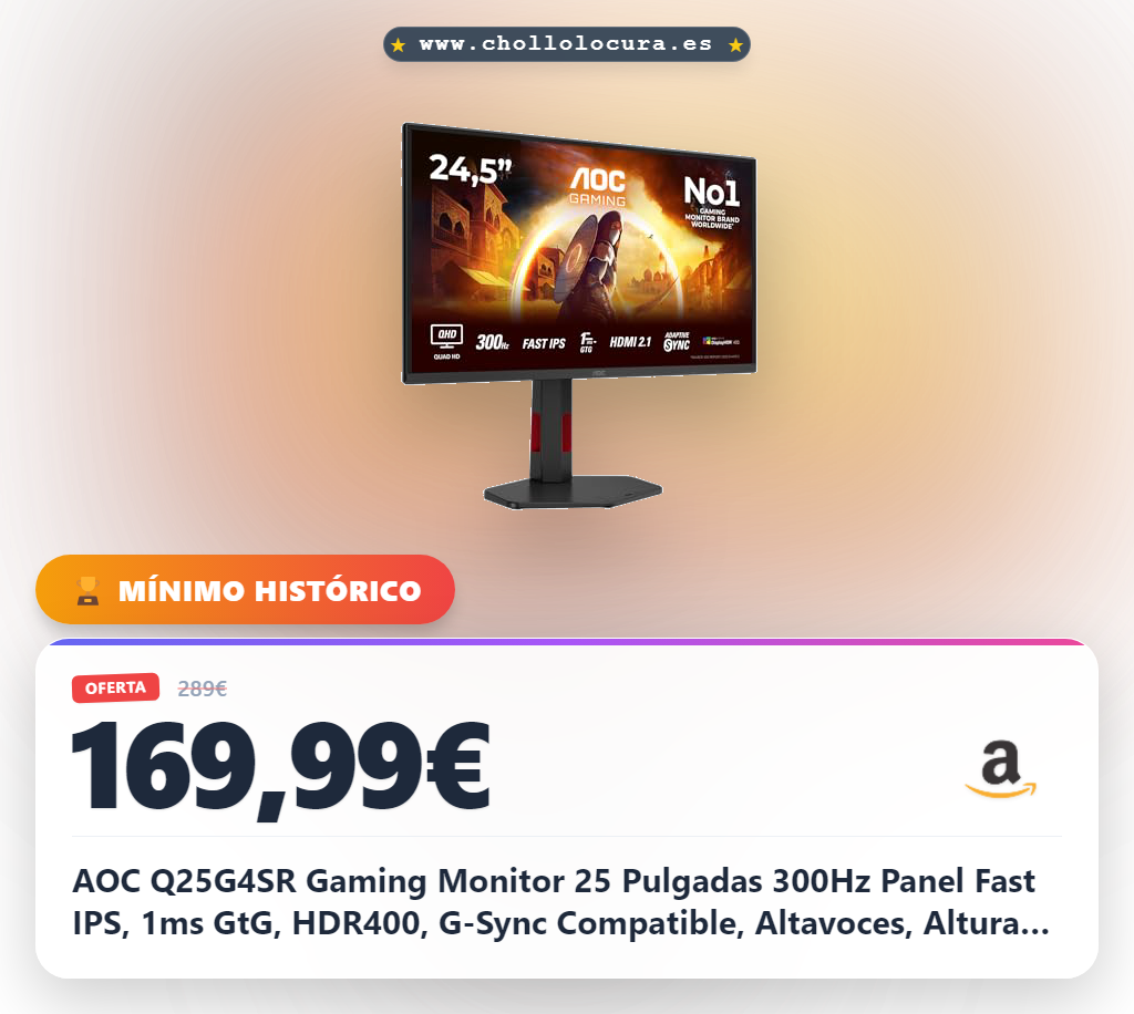 AOC Q25G4SR Gaming Monitor 25 Pulgadas 300Hz Panel Fast IPS, 1ms GtG, HDR400, G-Sync Compatible, Altavoces, Altura Ajustable, (2560x1440 HDMI 2X 2.1 DP 1x 1.4) Negro