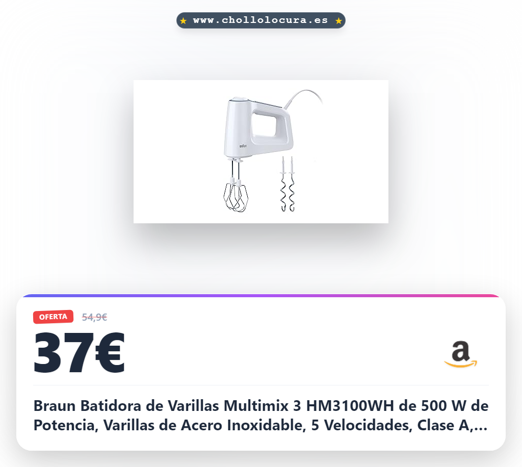 Braun Batidora de Varillas Multimix 3 HM3100WH de 500 W de Potencia, Varillas de Acero Inoxidable, 5 Velocidades, Clase A, Color Blanco