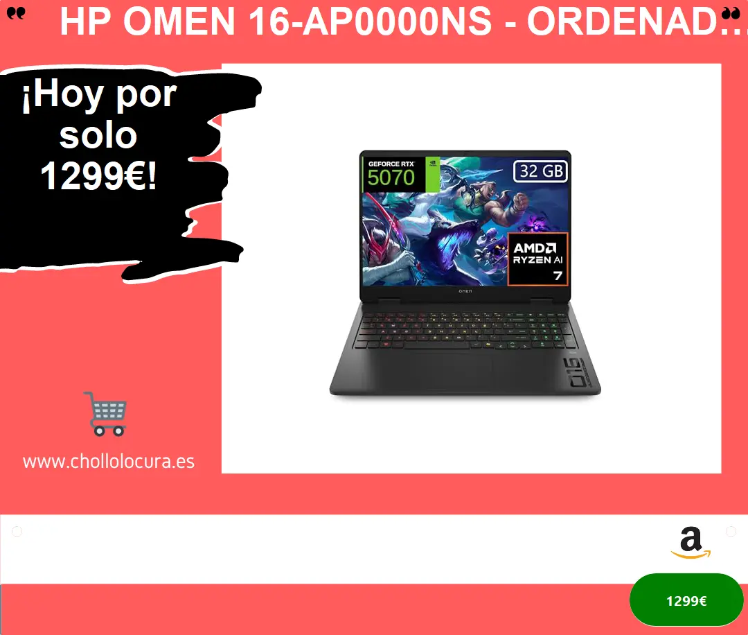 HP OMEN 16-ap0000ns - Ordenador portátil Gaming 16" 2K AMD Ryzen AI 7 350, 32GB RAM, 1TB SSD, NVIDIA RTX 5070, FreeDos - Negro - Teclado QWERTY Español