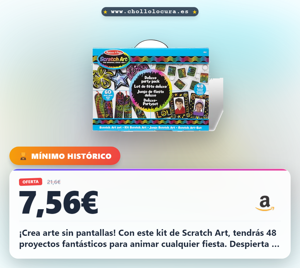 ¡Crea arte sin pantallas! Con este kit de Scratch Art, tendrás 48 proyectos fantásticos para animar cualquier fiesta. Despierta tu creatividad y regala diversión auténtica a todas las edades.