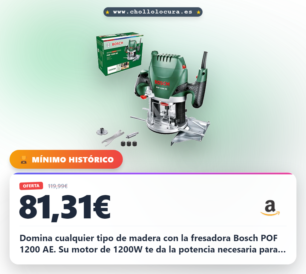 Consigue la fresadora de superficie Bosch POF 1200 AE de 1200 vatios con cambio rápido de fresa a precio de chollo para madera y ranuras