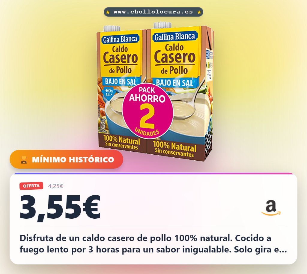 Aprovecha el caldo de gallina blanca bajo en sal 100% natural. Paquete de 2 al mejor precio en oferta histórica