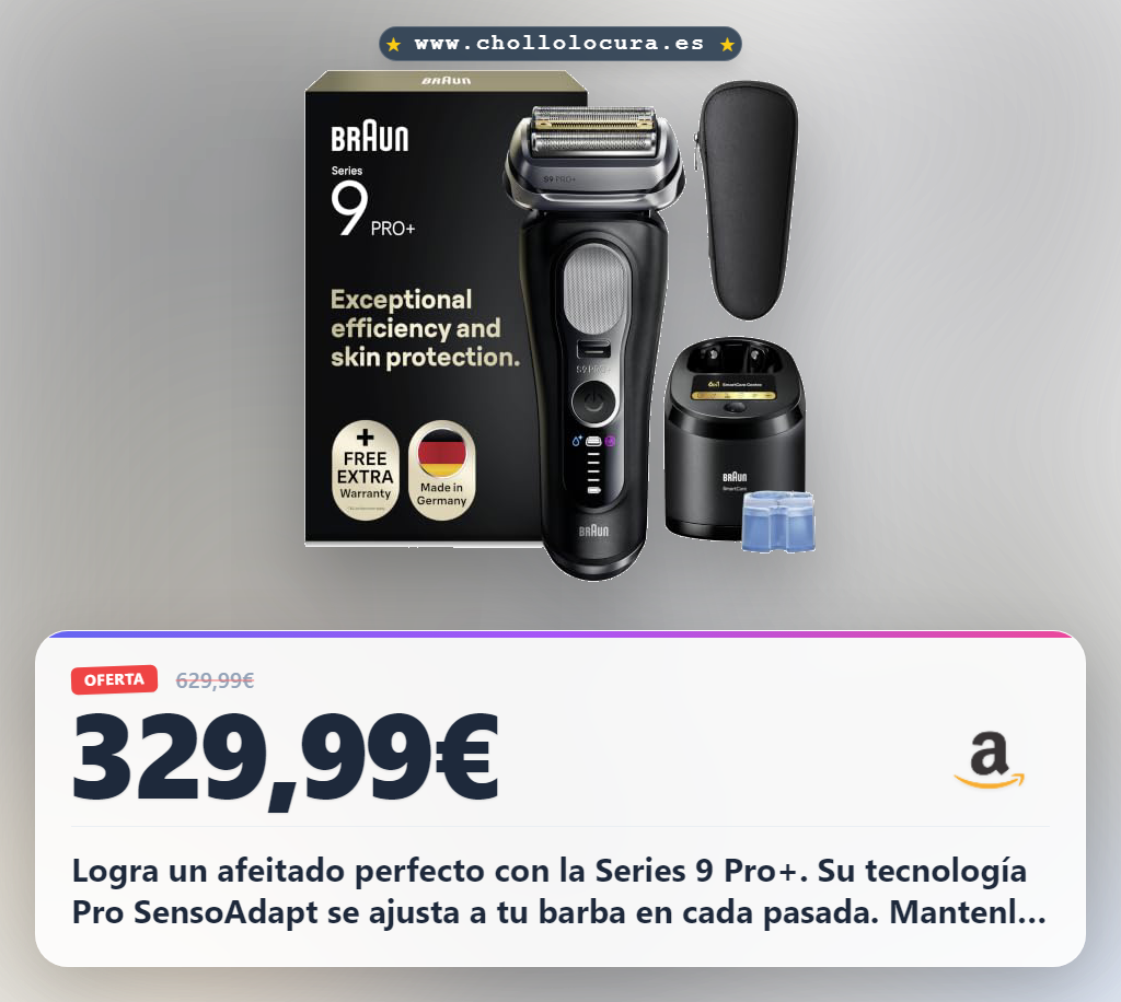 Obtén la Afeitadora Eléctrica Braun Series 9 Pro+ Negro con Pro SensoAdapt y SmartCare 6 en 1 al mejor precio.