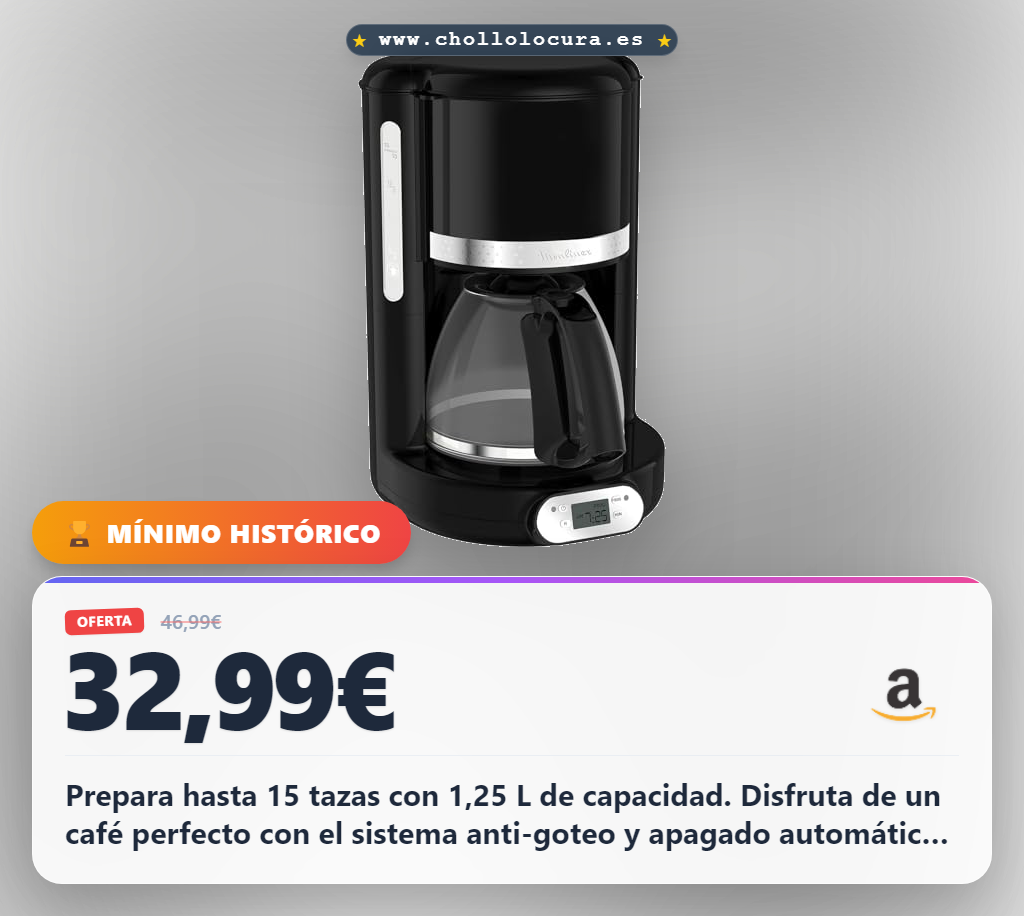 Aprovecha la cafetera filtro Moulinex Soleil 1,25 L con temporizador y apagado automático en oferta