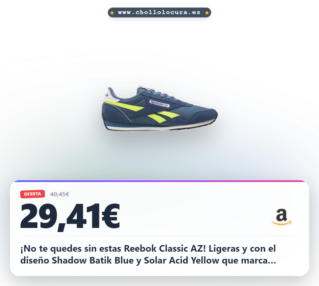 ¡No te quedes sin estas Reebok Classic AZ! Ligeras y con el diseño Shadow Batik Blue y Solar Acid Yellow que marca tendencia. Comodidad garantizada para tus días. Aprovecha este chollo y lleva el estilo que mereces.