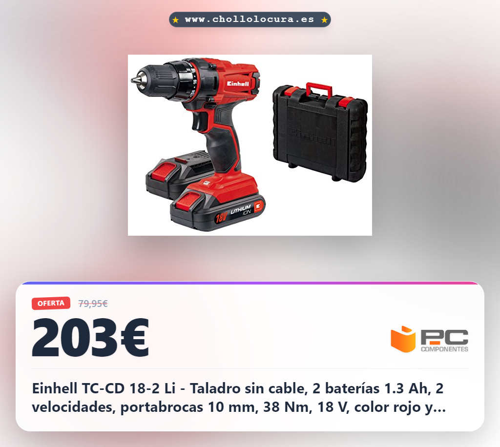Einhell TC-CD 18-2 Li - Taladro sin cable, 2 baterías 1.3 Ah, 2 velocidades, portabrocas 10 mm, 38 Nm, 18 V, color rojo y negro