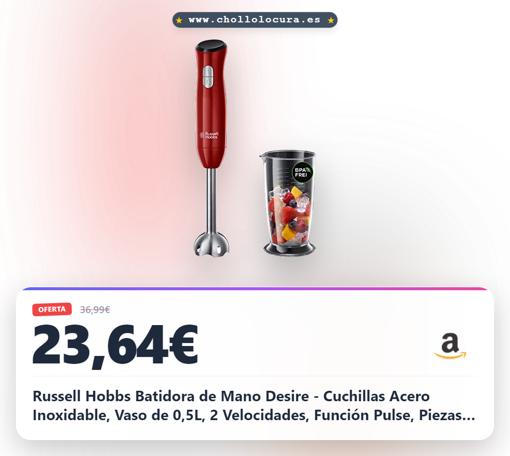 Russell Hobbs Batidora de Mano Desire - Cuchillas Acero Inoxidable, Vaso de 0,5L, 2 Velocidades, Función Pulse, Piezas Lavables en Lavavajillas, Rojo - 24690-56