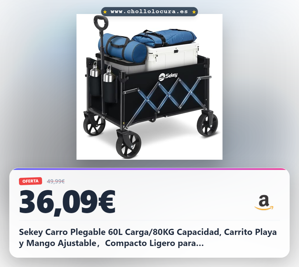 Sekey Carro Plegable 60L Carga/80KG Capacidad, Carrito Playa y Mango Ajustable，Compacto Ligero para Supermercado/Acampada Mini 4029, Negro