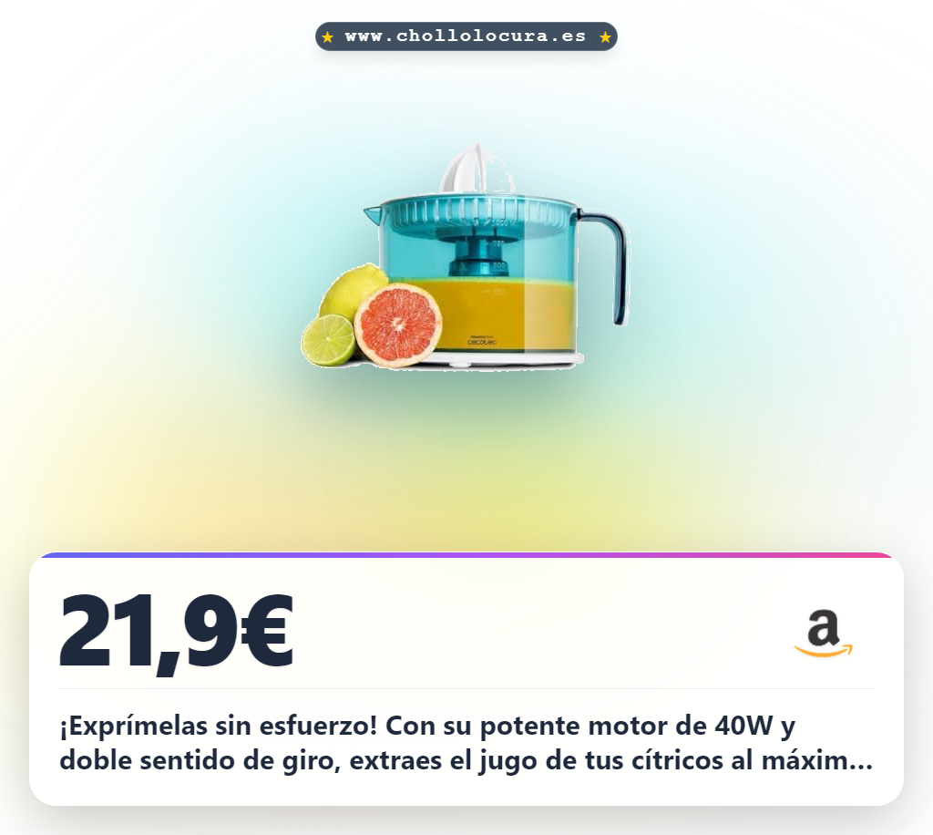 Aprovecha este exprimidor eléctrico de 40w para naranjas y cítricos. Incluye doble cono y sistema antigoteo. Ideal en oferta.