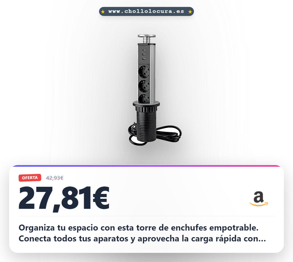 Aprovecha la regleta multienchufe retráctil con carga rápida y 3 enchufes EU para encimera y oficina