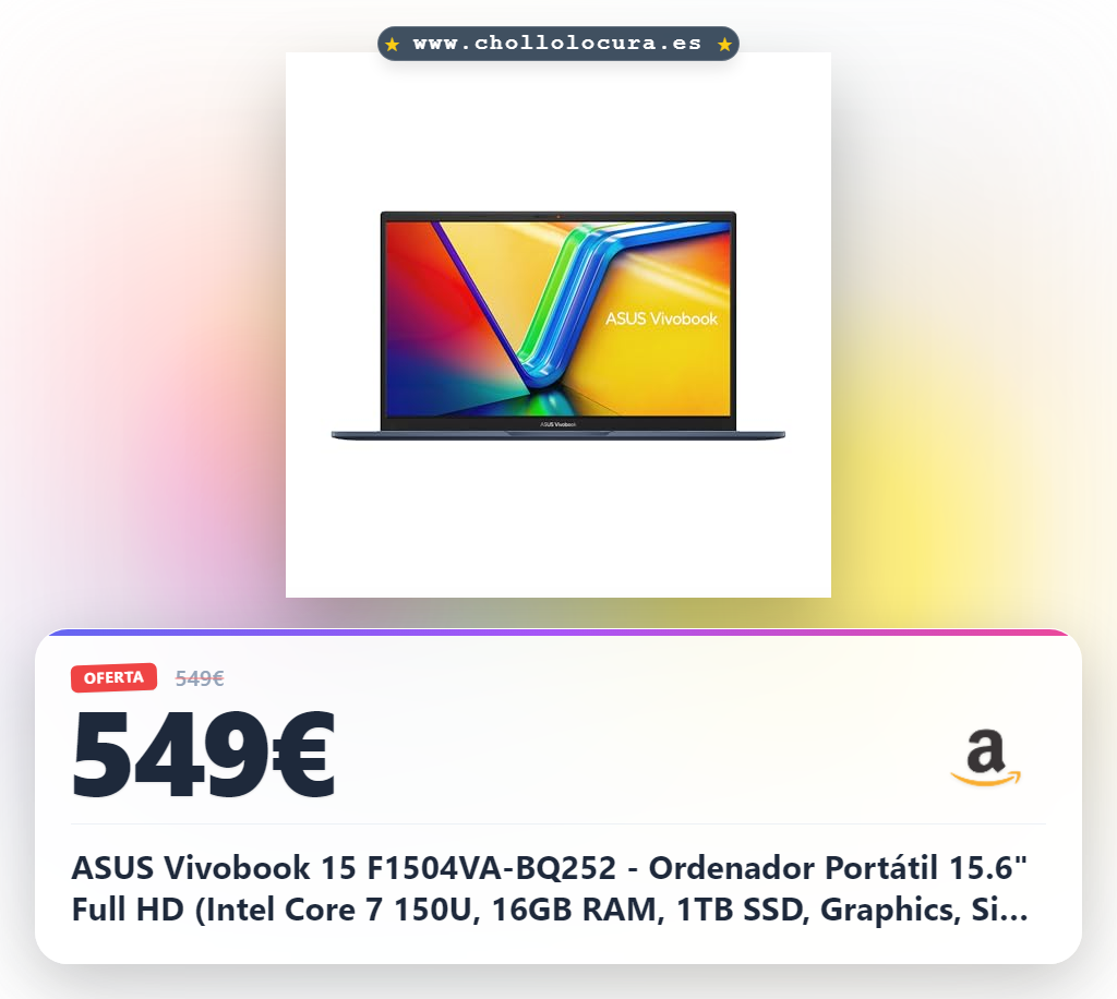 ASUS Vivobook 15 F1504VA-BQ252 - Ordenador Portátil 15.6" Full HD (Intel Core 7 150U, 16GB RAM, 1TB SSD, Graphics, Sin Sistema Operativo) Azul Tranquilo - Teclado QWERTY español