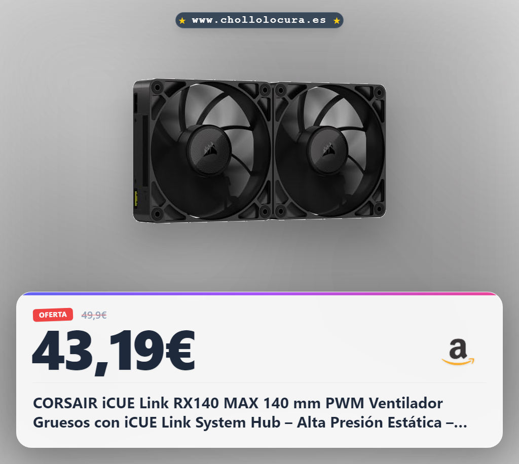 CORSAIR iCUE Link RX140 MAX 140 mm PWM Ventilador Gruesos con iCUE Link System Hub – Alta Presión Estática – Polímero de Cristal Líquido – Rodamiento Magnético de Cúpula – Pack Doble – Negro