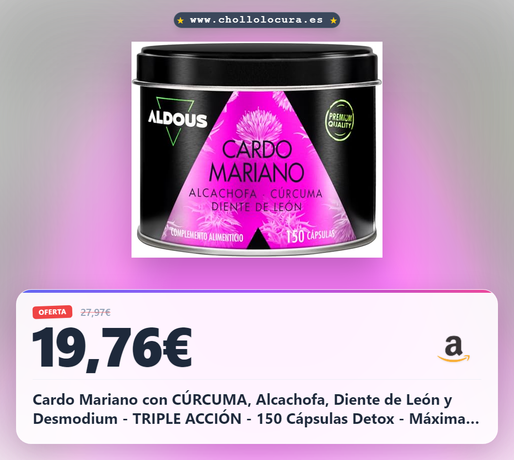 Cardo Mariano con CÚRCUMA, Alcachofa, Diente de León y Desmodium - TRIPLE ACCIÓN - 150 Cápsulas Detox - Máxima dosis Depurativa con 80% de Silimarina - Detox Higado, Mejora digestión - ALDOUS