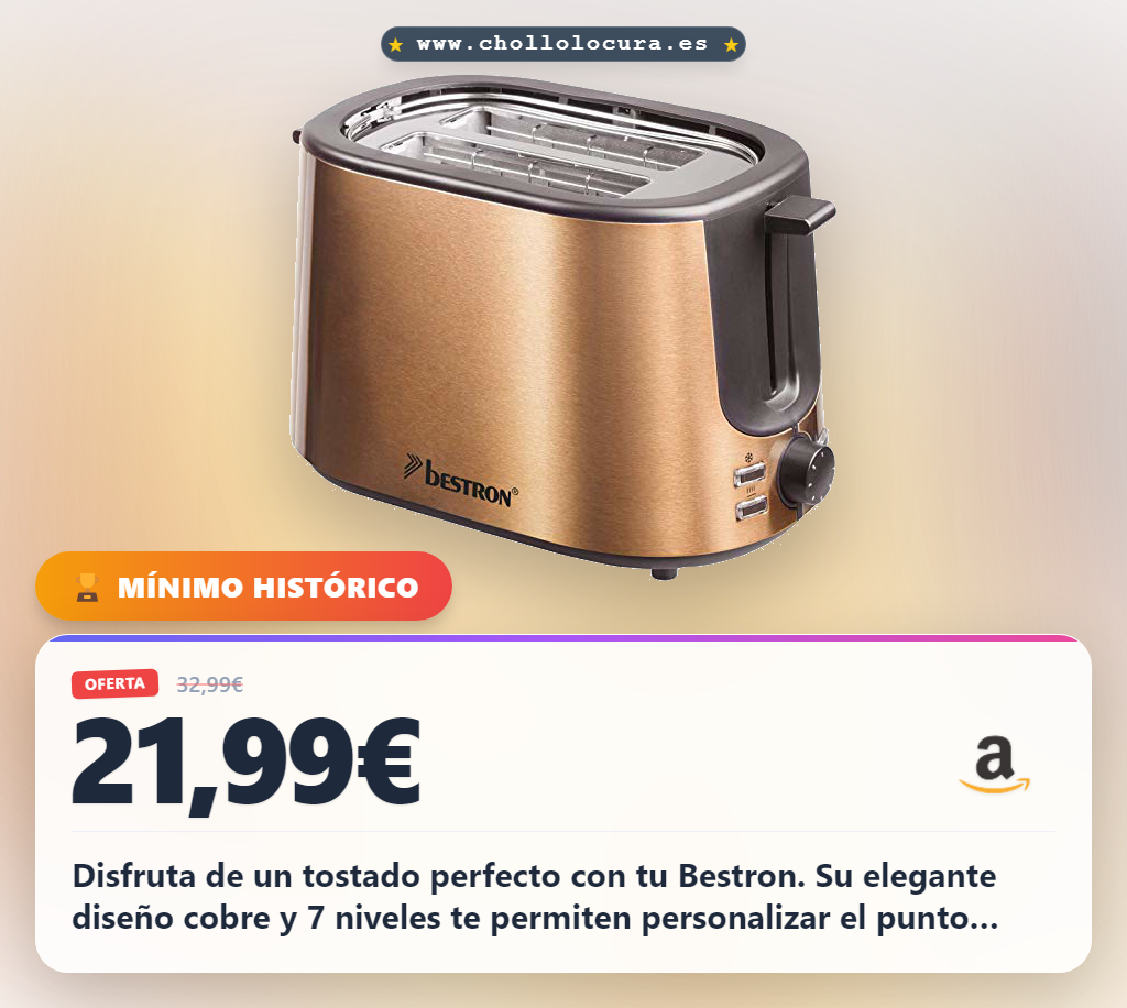 Aprovecha esta tostadora Bestron de acero inoxidable color cobre con depósito para migas y rejilla en oferta