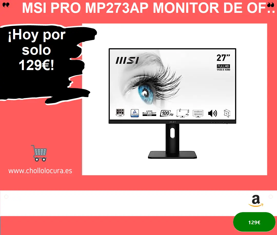 MSI PRO MP273AP Monitor de Oficina 27” Full HD - Panel IPS 1920 x1080, 100 Hz,Confort Ocular, Montaje VESA, Altavoces Integrados, Soporte Display Kit, Regulable 4 Direcciones