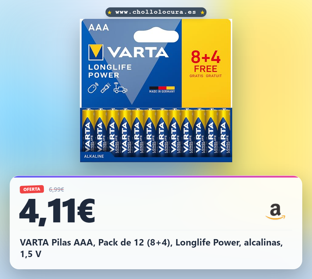 VARTA Pilas AAA, Pack de 12 (8+4), Longlife Power, alcalinas, 1,5 V