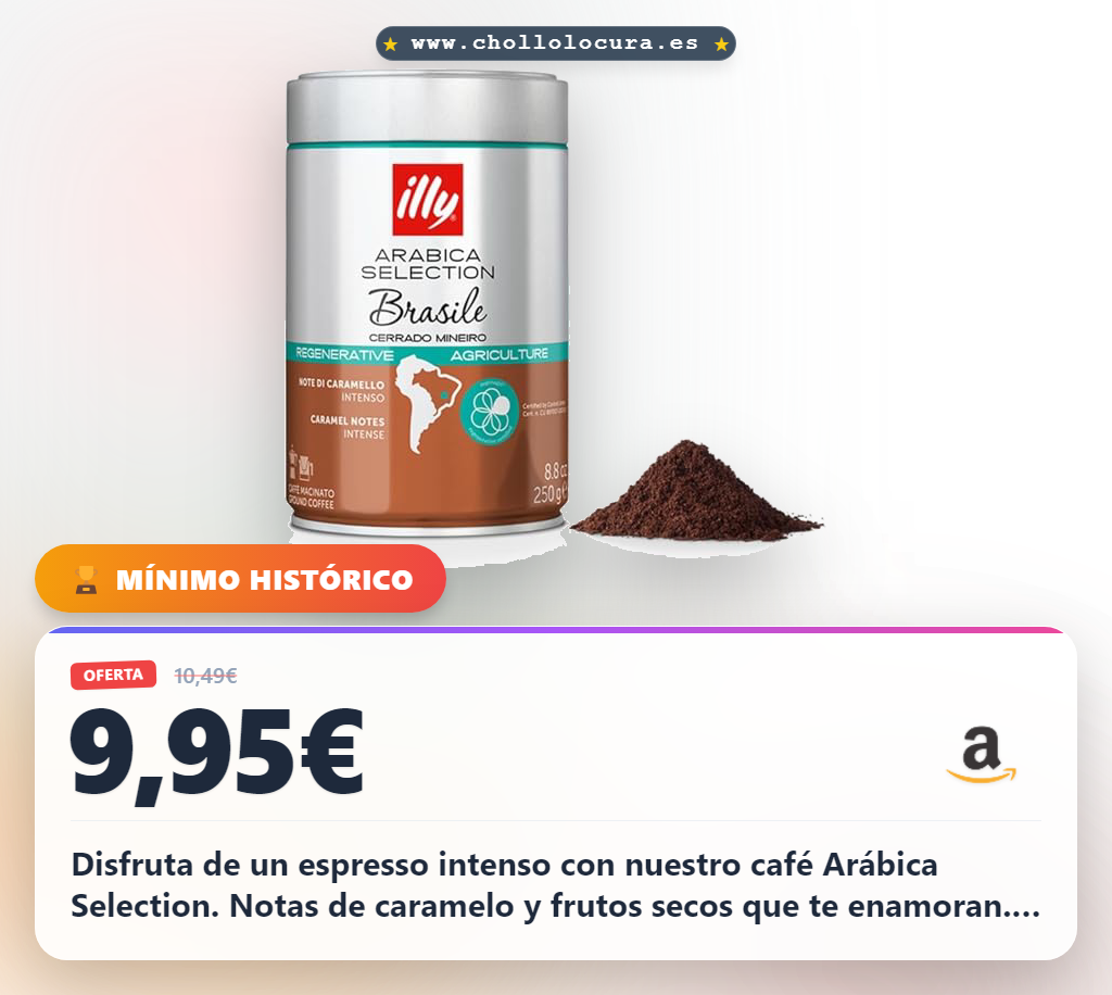 Aprovecha el café Illy Espresso Arábica Selection Cerrado Mineiro. Sabor intenso con notas de caramelo y frutos secos.