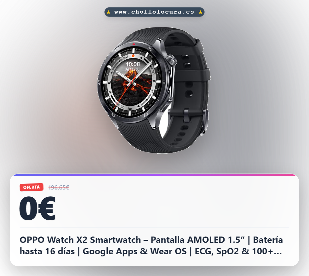OPPO Watch X2 Smartwatch – Pantalla AMOLED 1.5” | Batería hasta 16 días | Google Apps & Wear OS | ECG, SpO2 & 100+ deportes | Resistente IP68 & 5ATM - Negro
