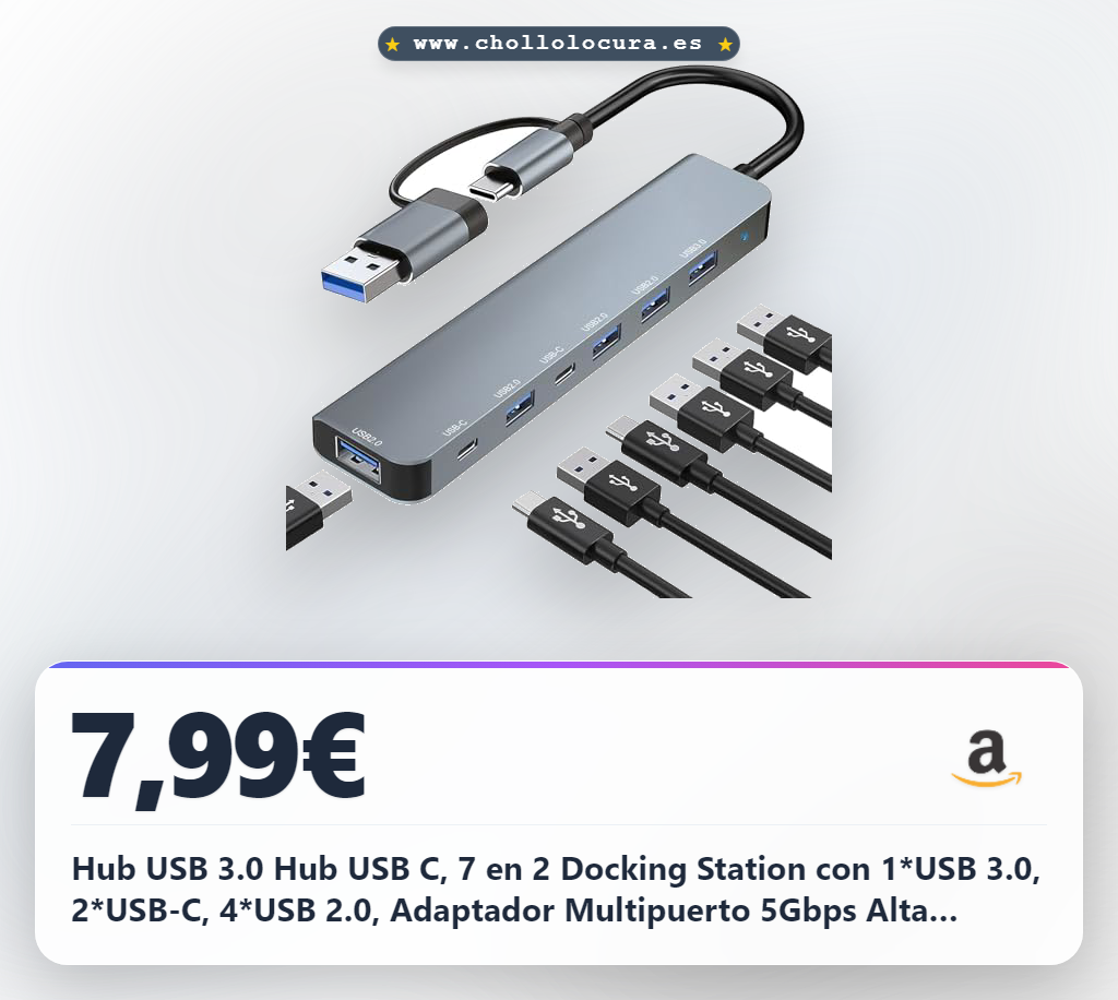 Hub USB 3.0 Hub USB C, 7 en 2 Docking Station con 1*USB 3.0, 2*USB-C, 4*USB 2.0, Adaptador Multipuerto 5Gbps Alta Velocidad Compatible con MacBook Air/Pro, iPad, iMac, Portátiles, Tableta, PC