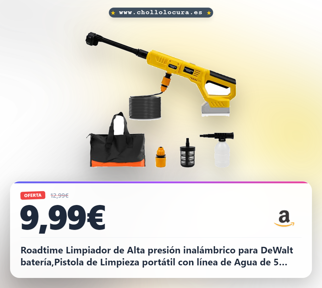 Roadtime Limpiador de Alta presión inalámbrico para DeWalt batería,Pistola de Limpieza portátil con línea de Agua de 5 m,Hidrolimpiadora Bateria con Boquilla 6 en 1 para Coches, Patios(sin batería)