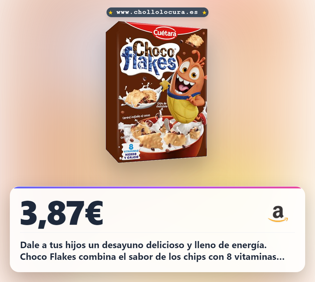 Llévate los Choco Flakes 520g con cereal inflado y chocolate a precio de chollo. Desayuno nutritivo para niños con hierro y calcio.