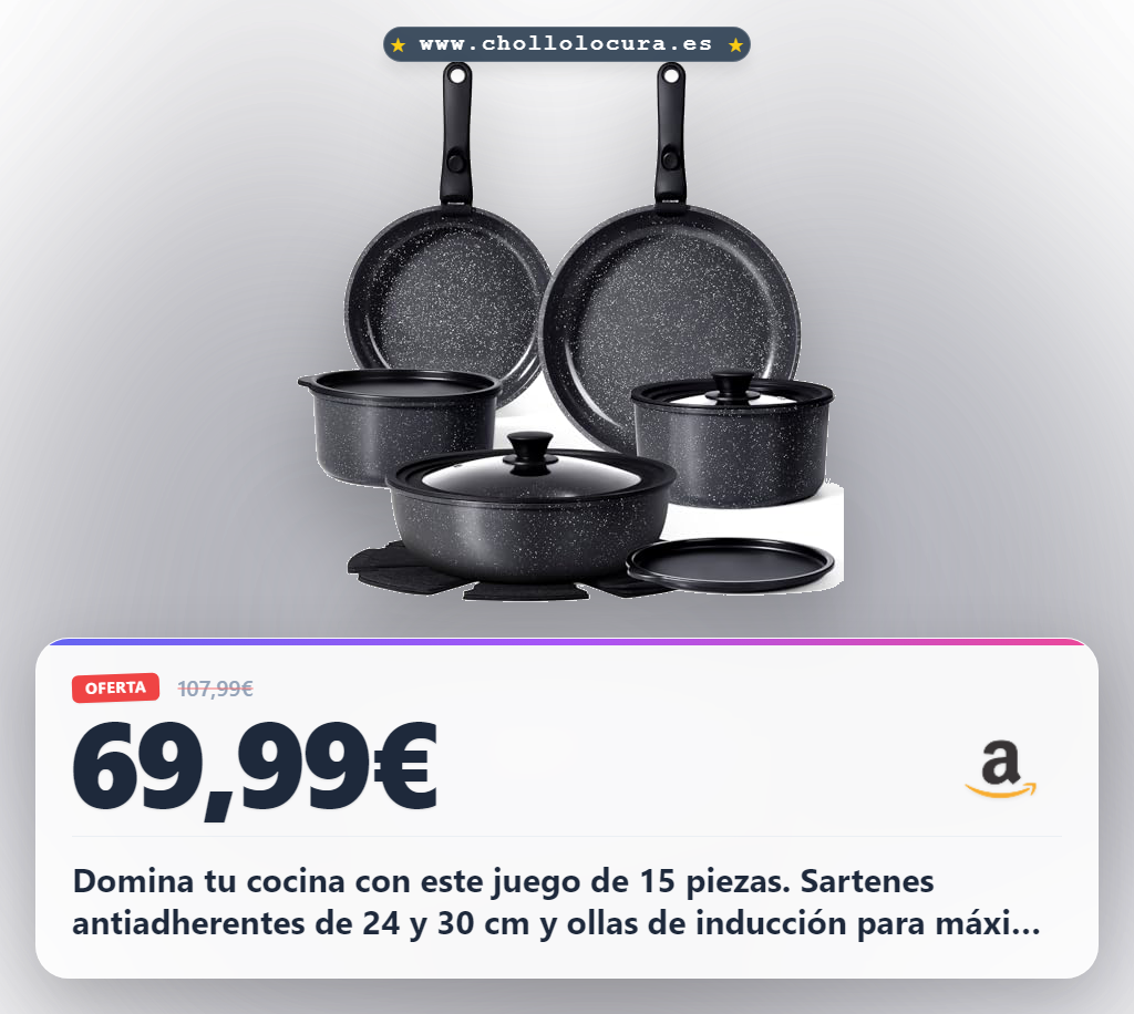 Domina tu cocina con este juego de 15 piezas. Sartenes antiadherentes de 24 y 30 cm y ollas de inducción para máxima practicidad. Cocina con poco aceite y limpia en segundos. ¡Calidad premium al mejor precio!