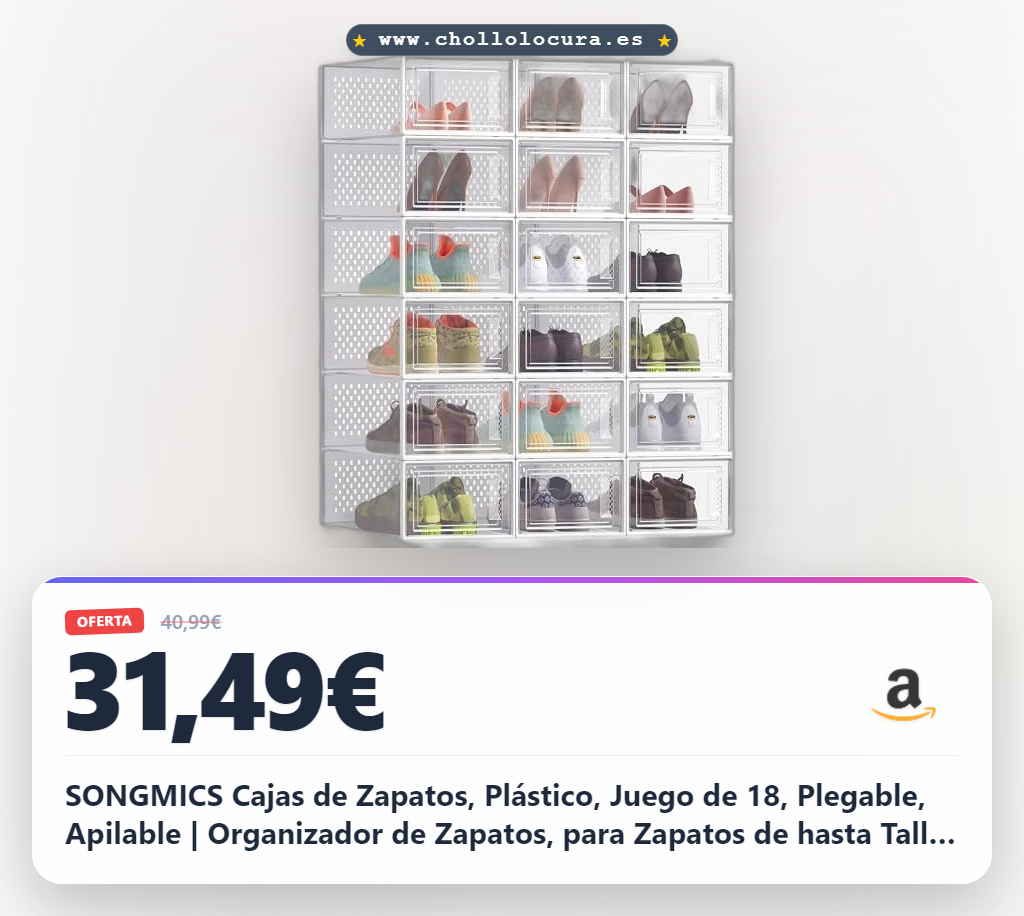 SONGMICS Cajas de Zapatos, Plástico, Juego de 18, Plegable, Apilable | Organizador de Zapatos, para Zapatos de hasta Talla 43, Blanco Nube, Colección DENNYS LSP18SWT