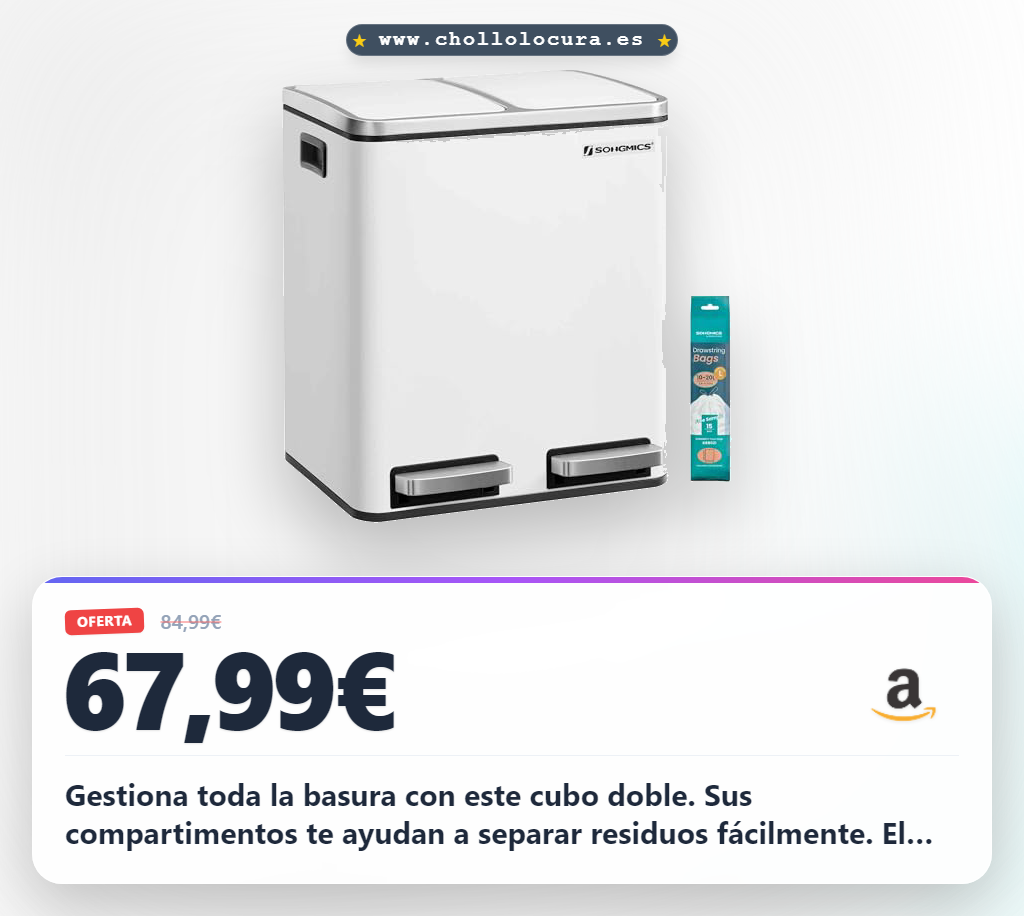 Gestiona toda la basura con este cubo doble. Sus compartimentos te ayudan a separar residuos fácilmente. El pedal y el cierre suave te facilitan la limpieza sin esfuerzo. Diseño moderno y resistente, perfecto para tu cocina pequeña.