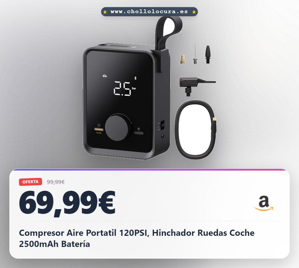 Compresor Aire Portatil 120PSI, Hinchador Ruedas Coche 2500mAh Batería