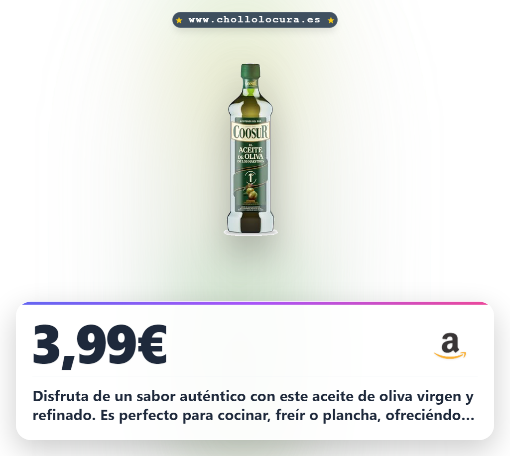 Aprovecha este Aceite de Oliva Virgen y Refinado 1L de España, libre de alérgenos y perfecto para cocinar al mejor precio