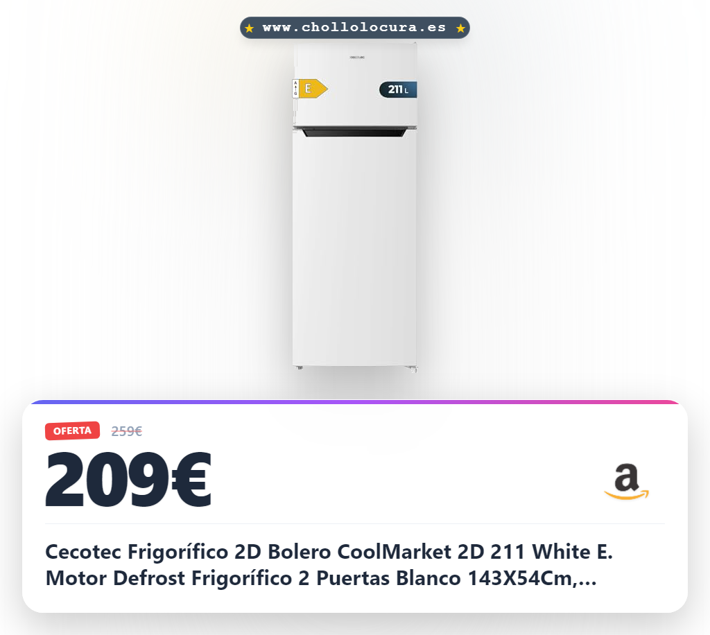 Cecotec Frigorífico 2D Bolero CoolMarket 2D 211 White E. Motor Defrost Frigorífico 2 Puertas Blanco 143X54Cm, Capacidad 211 L, Puerta Reversible, Clase Energética E, Con Modo Fast Freezing