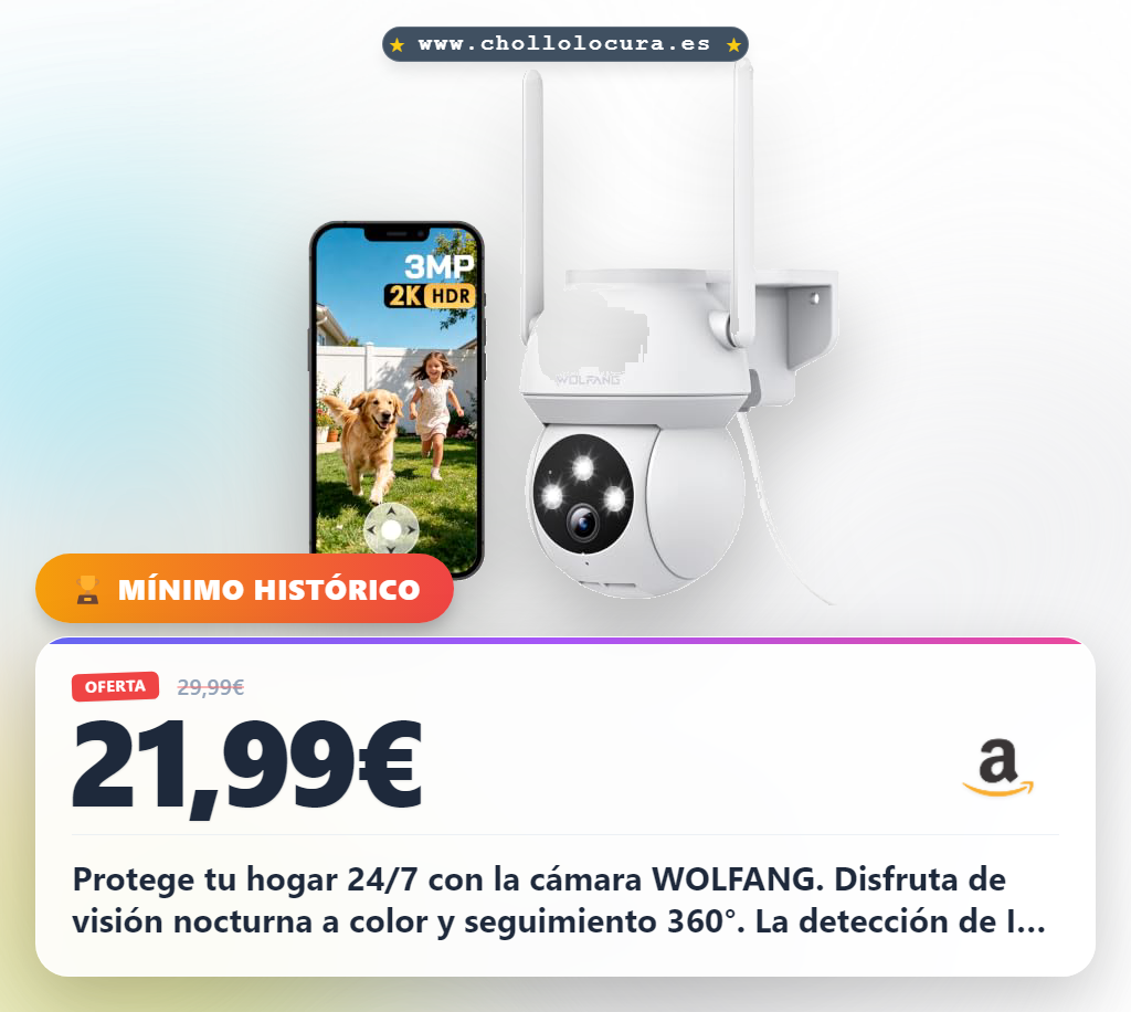 Consigue la cámara WOLFANG 2K 3MP PTZ 360° con visión nocturna color y detección AI. Aprovecha la seguridad exterior IP65 con Alexa.