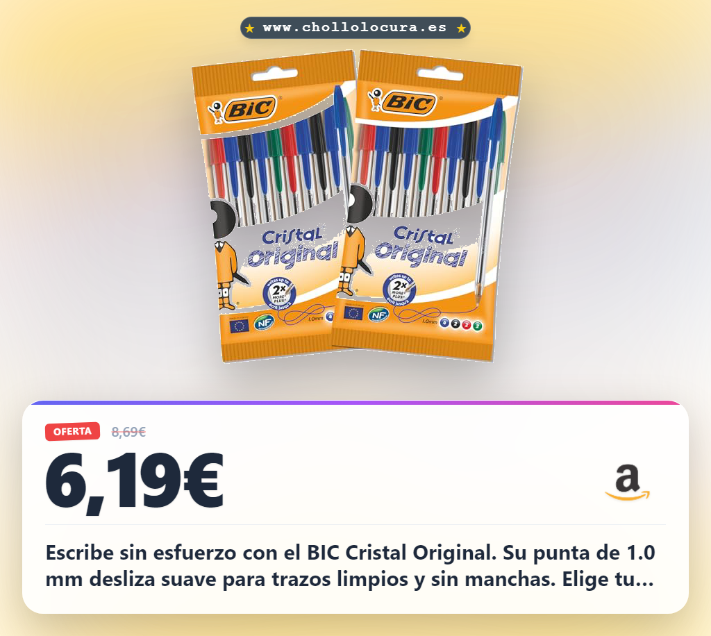 Aprovecha el pack de bolígrafos BIC Cristal Original punta media 1,0 mm en colores a mejor precio del año en oferta histórica en España