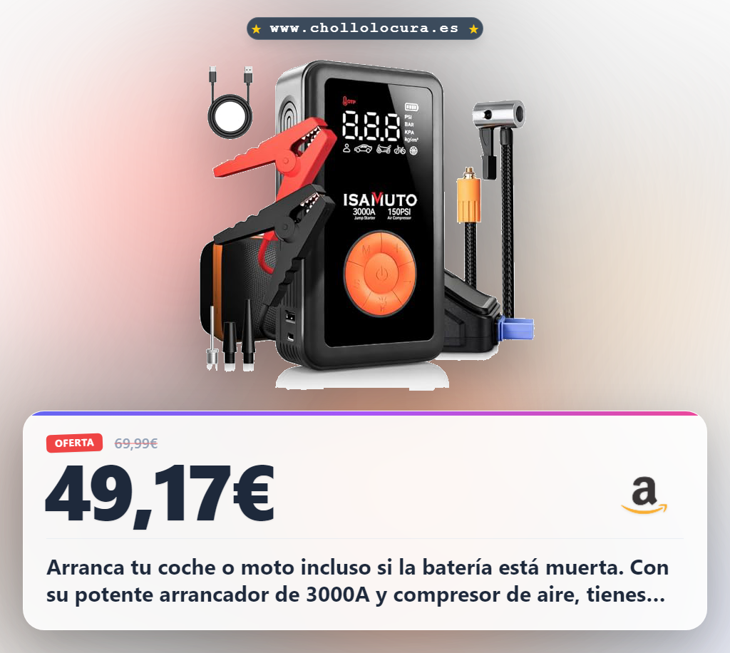 Consigue el arrancador 12V 3000A con compresor de aire 150 PSI y pantalla LCD. Perfecto para motos y vehículos.