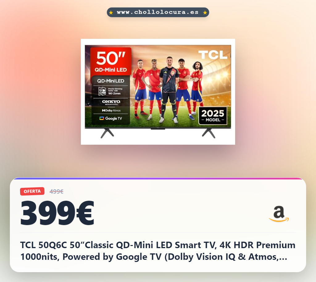 TCL 50Q6C 50”Classic QD-Mini LED Smart TV, 4K HDR Premium 1000nits, Powered by Google TV (Dolby Vision IQ & Atmos, Onkyo 2.1 Sound System, 144Hz Motion Clarity Pro, Voice Control), Q6C