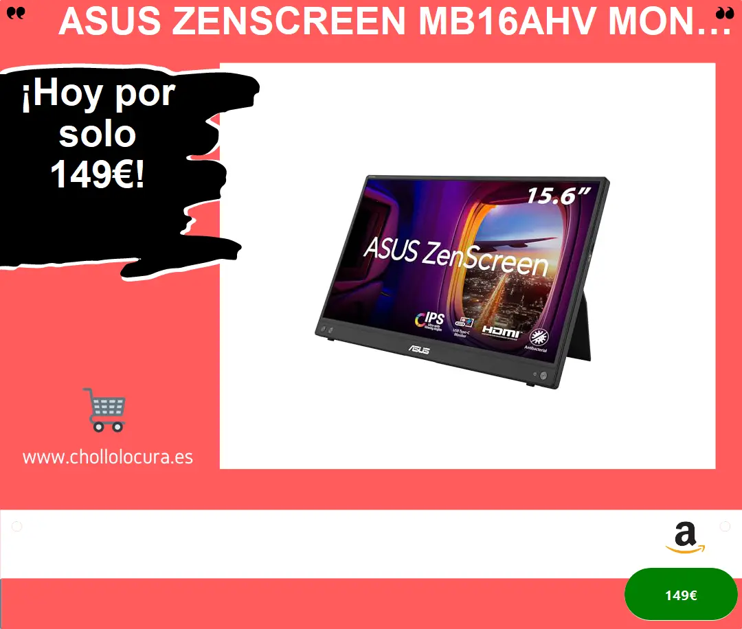 ASUS ZenScreen MB16AHV Monitor portátil, 15,6 Pulgadas, Full HD, IPS, HDMI, USB Type-C, Filtro de luz Azul, Superficie antirreflejos, Tratamiento Antibacteriano