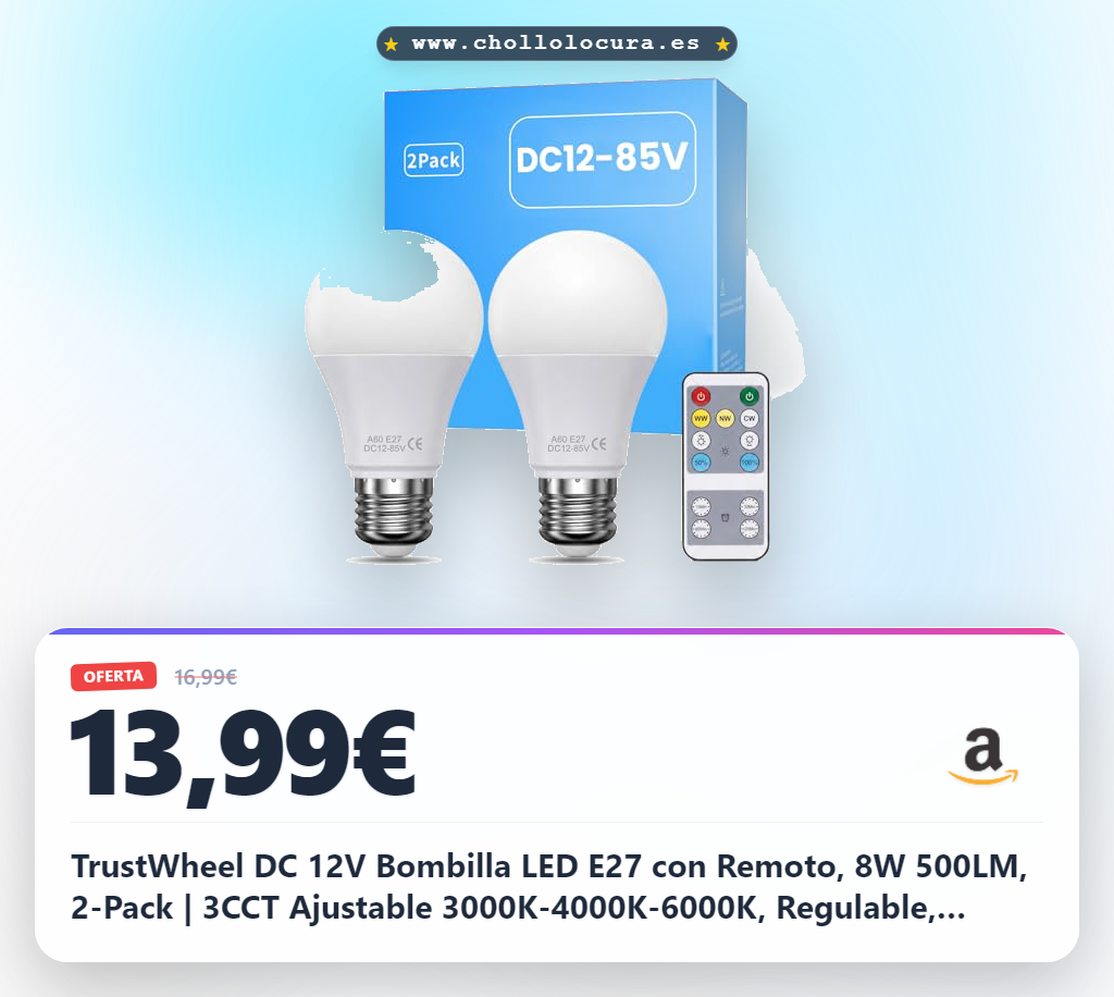 TrustWheel DC 12V Bombilla LED E27 con Remoto, 8W 500LM, 2-Pack | 3CCT Ajustable 3000K-4000K-6000K, Regulable, Temporizador, 8W Sustituye 50W