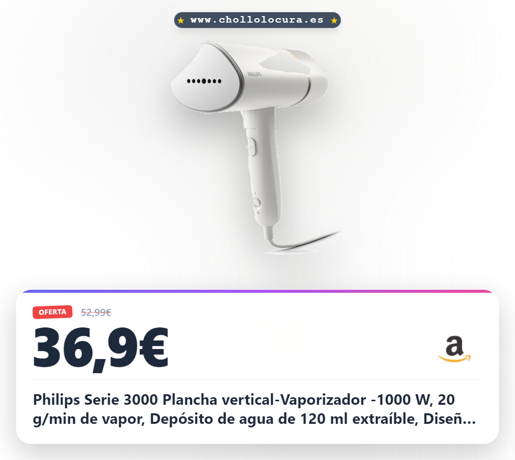 Philips Serie 3000 Plancha vertical-Vaporizador -1000 W, 20 g/min de vapor, Depósito de agua de 120 ml extraíble, Diseño compacto y plegable ideal para viajar, Blanca (STH3020/10)